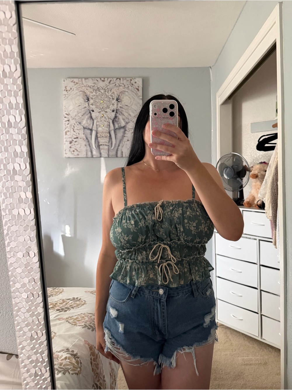 Sage Green Floral Smocked Drawstring Crop Cami Bow Top M Medium Small S